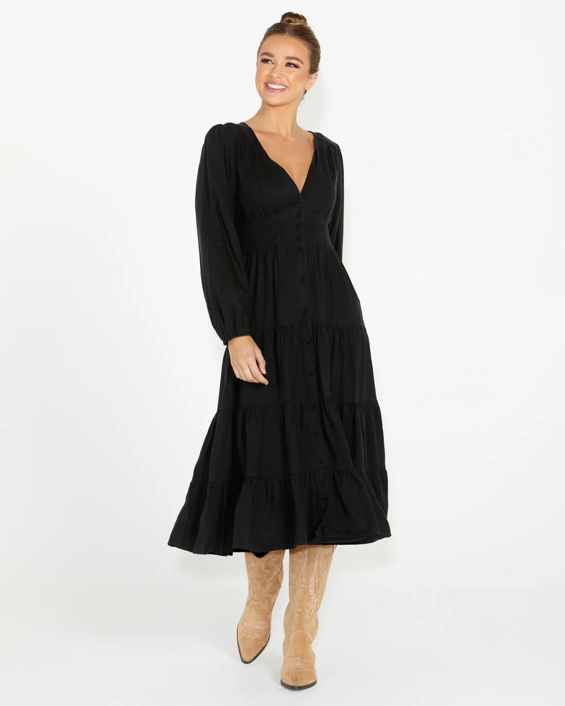 Sass Charity Tiered MIDI Dress Black