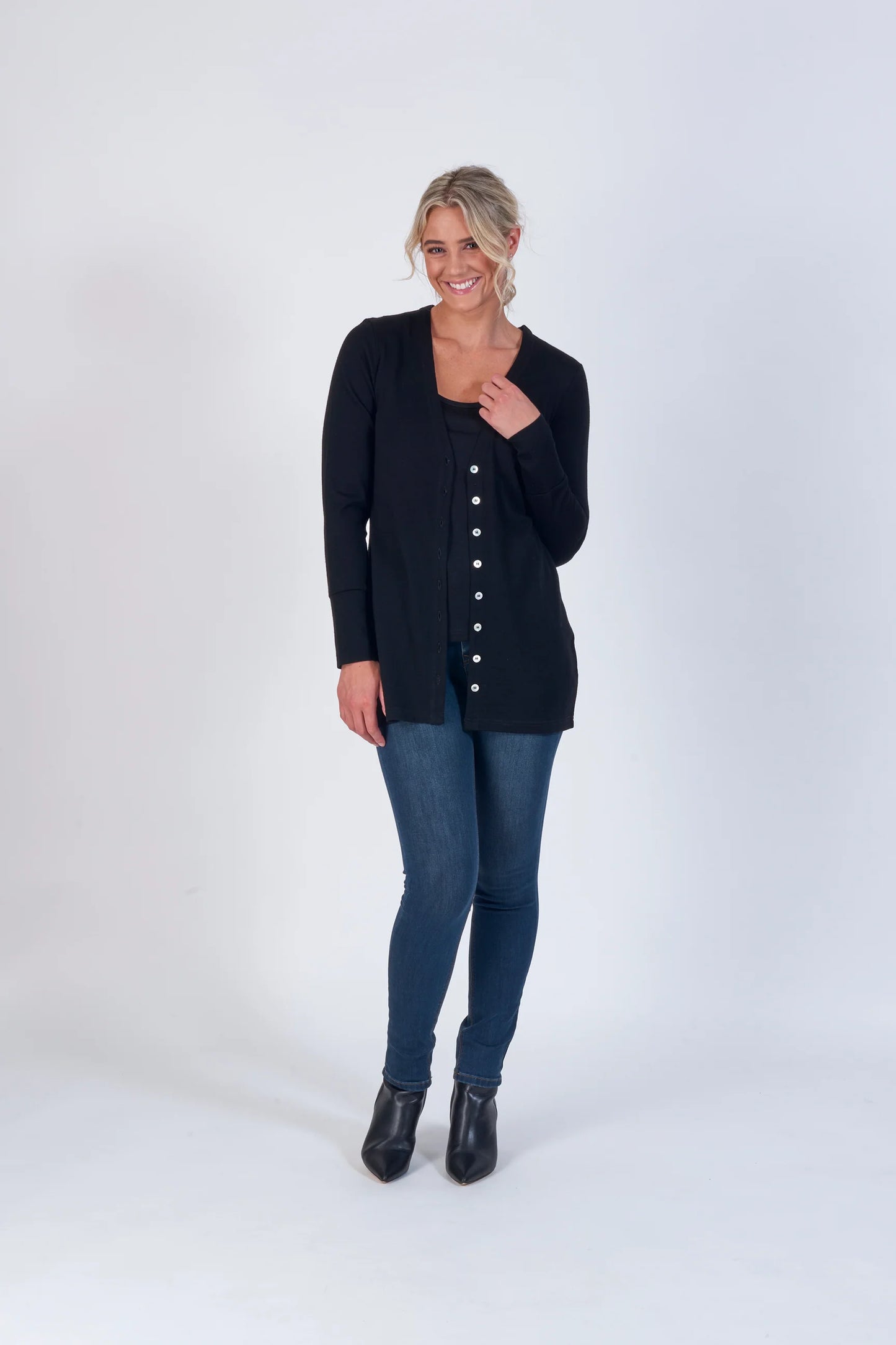 Vassalli Longline Button Cardigan Black